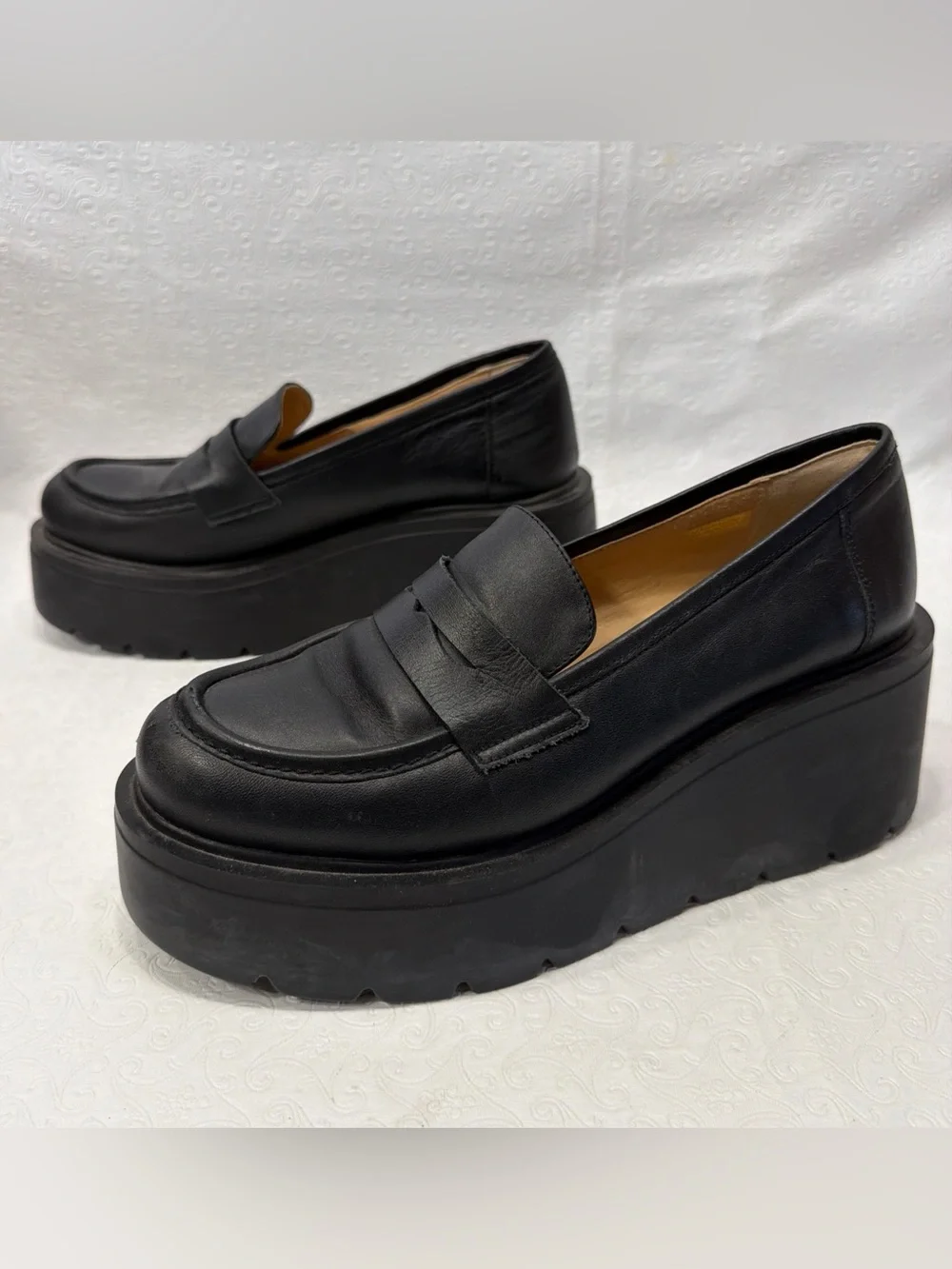 Maeve Anthropologie Platform Black Leather Slip On Penny Loafers Size 41 Chunky